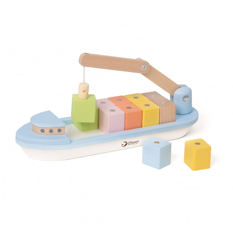 CLASSIC WORLD Houten Blokken Vrachtschip - 13 stuks