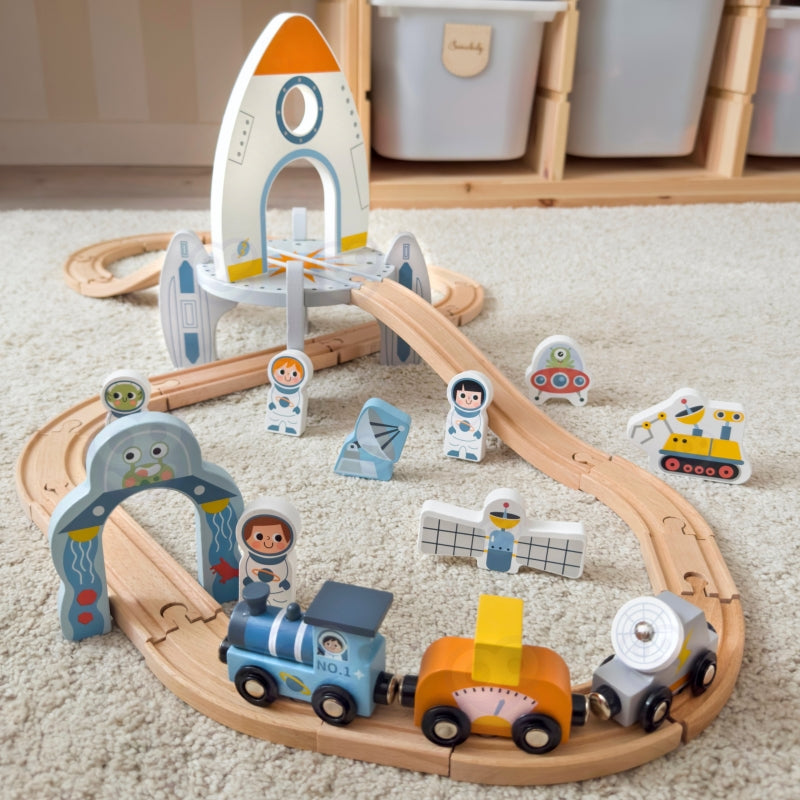 TOOKY TOY Houten Trein Set met Rails met thema Ruimte