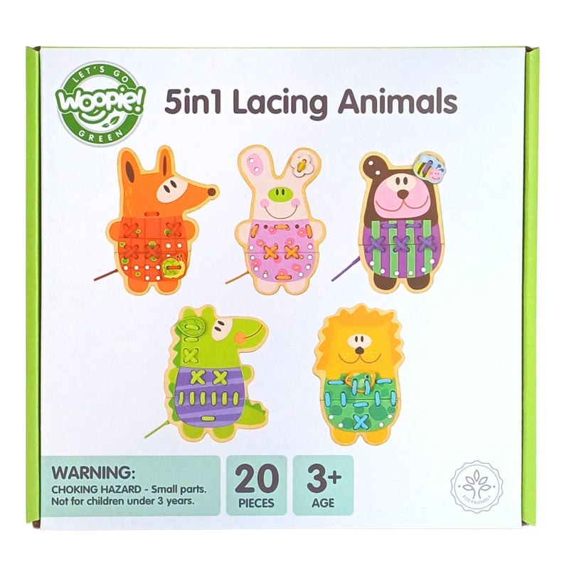 WOOPIE GREEN 5-in-1  Houten Rijgspel -Dieren Rijgen Set - (Engelstalig)
