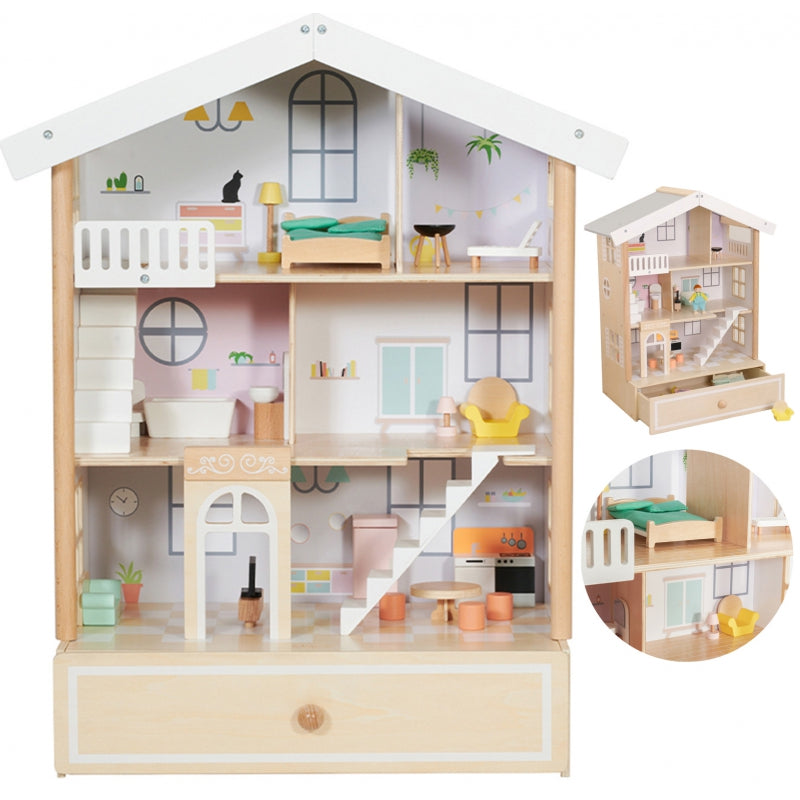 CLASSIC WORLD Groot Houten Poppenhuis van Natuurlijk Hout - 28 stuks