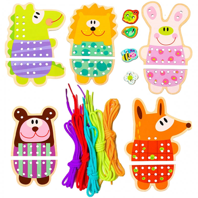 WOOPIE GREEN 5-in-1  Houten Rijgspel -Dieren Rijgen Set - (Engelstalig)